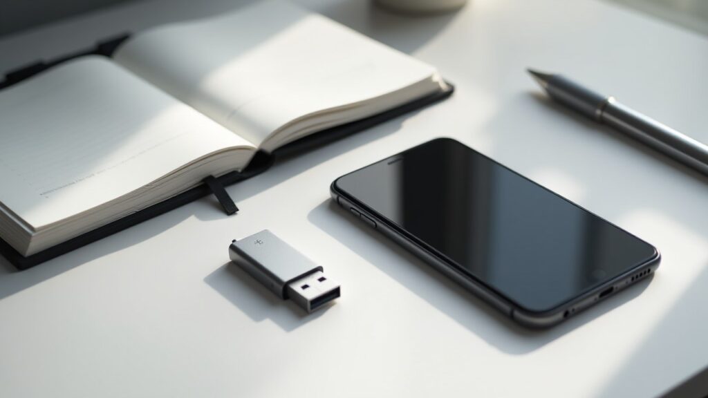 A small metal USB stick lies beside a smartphone, an open notebook and a pen on a white desk.