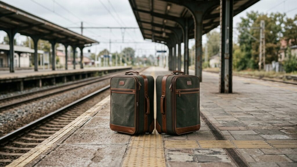 Two matching canvas suitcases stand side by side on an empty train platform.