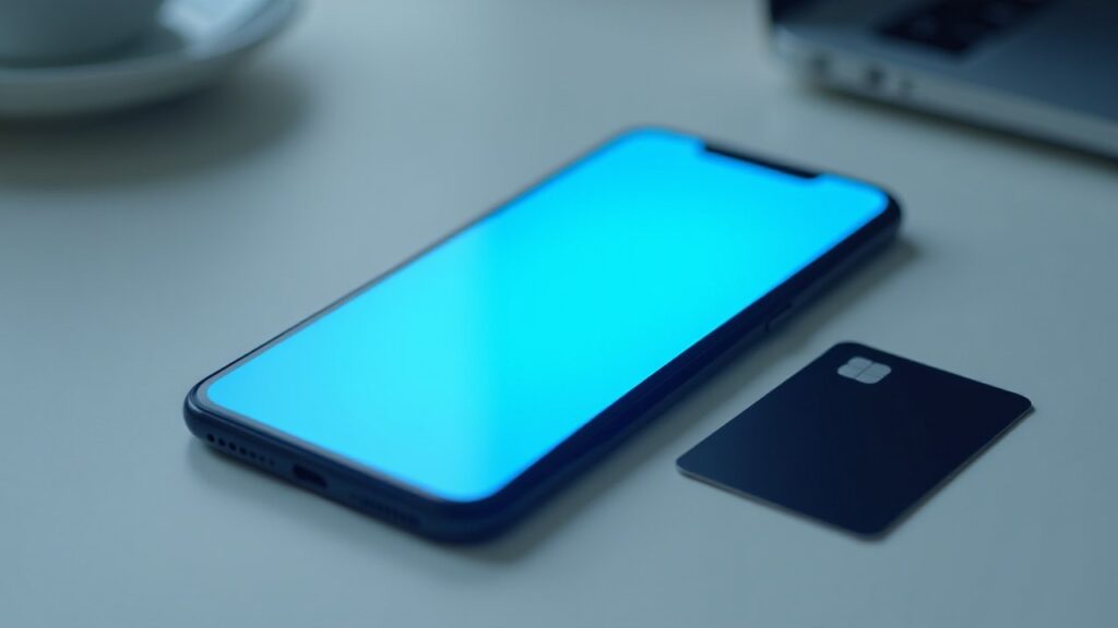 A smartphone with a glowing blue screen lies on a desk next to a plain dark payment card.