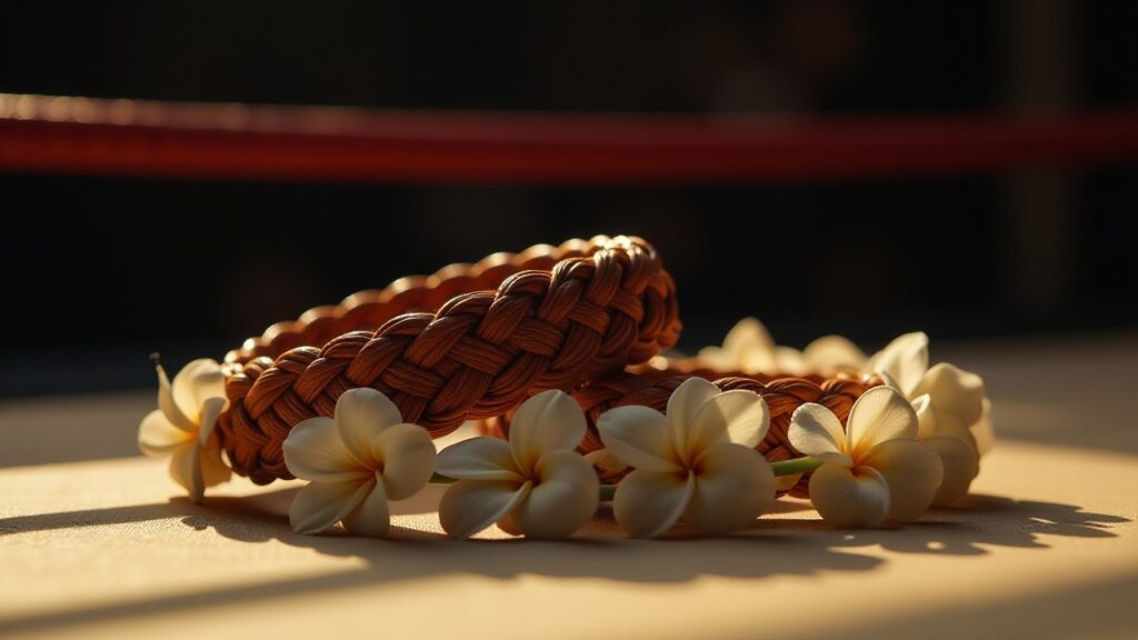 A braided headband and white frangipani flowers lie on the canvas in front of the ring ropes.