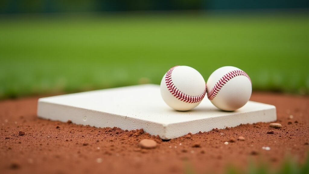 Two white baseballs with red stitching sit on a white base on the infield dirt.
