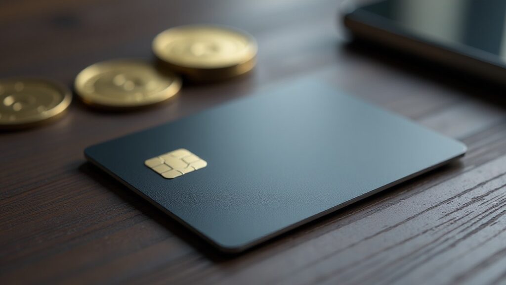 A plain dark payment card with a gold chip lies on a wooden table beside gold coins.
