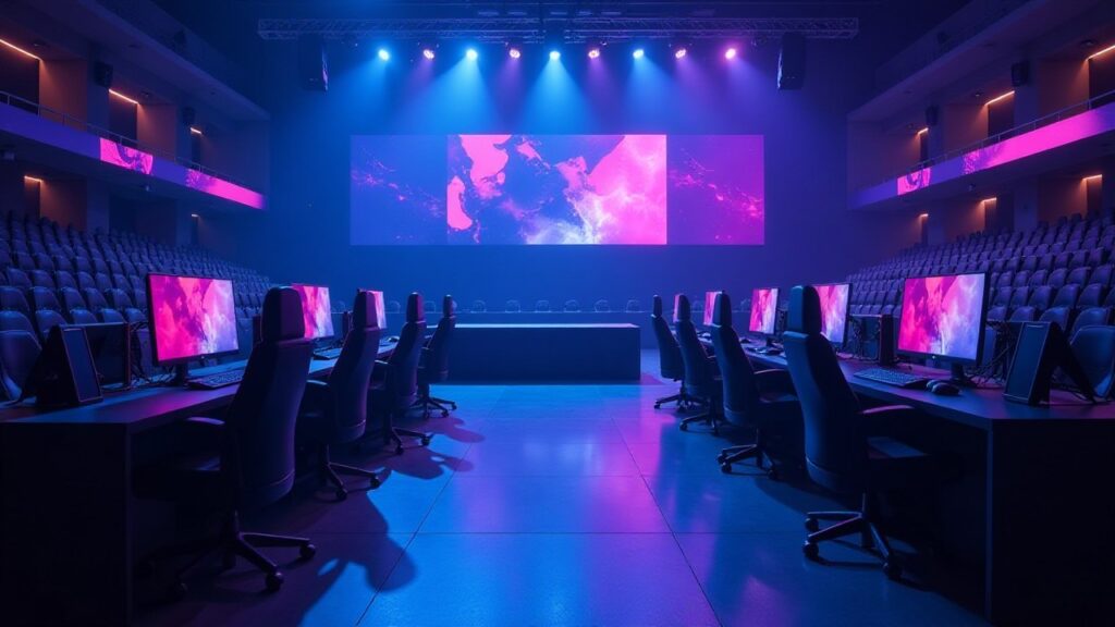 Rows of empty gaming desks with glowing monitors face a large stage screen in an esports arena.