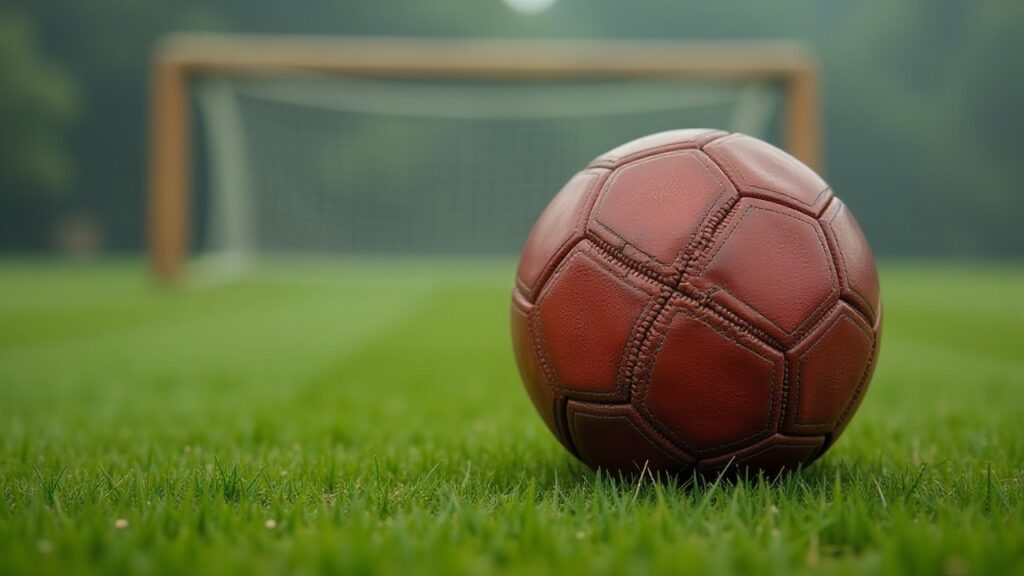 A worn brown leather football rests on green grass in front of a blurred goal.