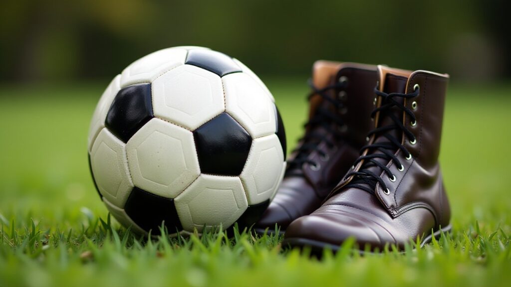A black and white football sits on the grass next to a pair of old brown leather boots.